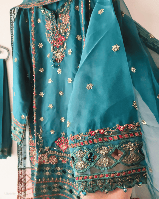 SB Organza Short Kurti Suit Set – Embroidered Wedding Wear (Medium, Size 42)