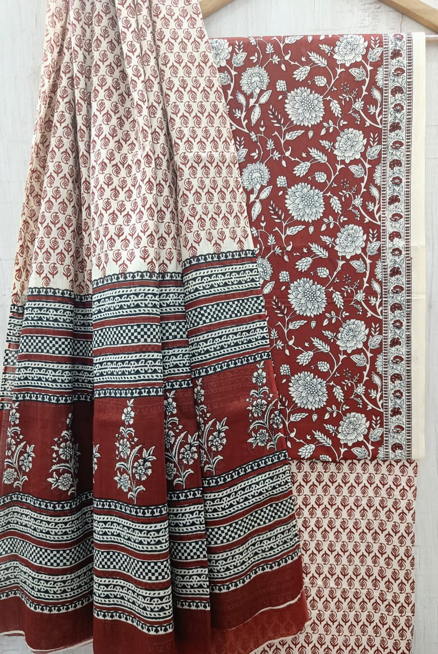 J26 Premium Jaipuri Cotton Unstitched Suit Set with Mulmul Dupatta