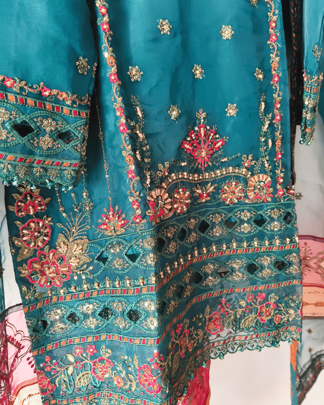 SB Organza Short Kurti Suit Set – Embroidered Wedding Wear (Medium, Size 42)