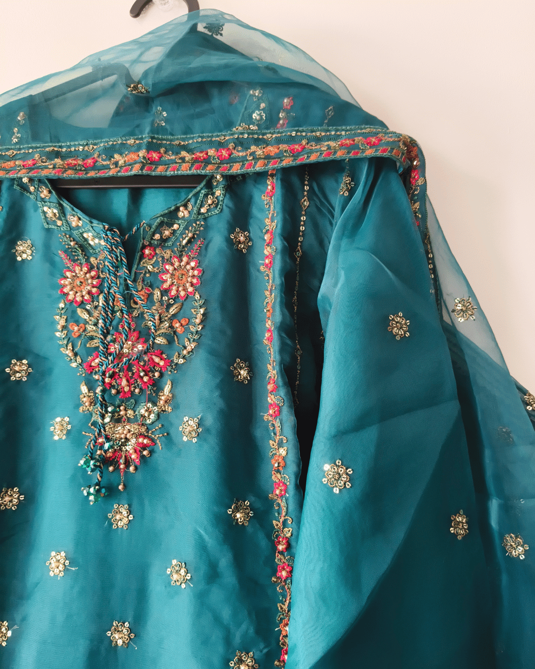 SB Organza Short Kurti Suit Set – Embroidered Wedding Wear (Medium, Size 42)