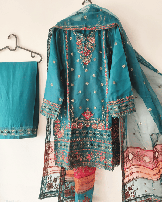 SB Organza Short Kurti Suit Set – Embroidered Wedding Wear (Medium, Size 42)