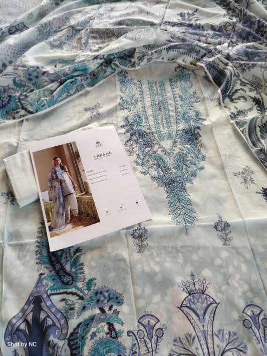 JADE URBANE Premium Embroidered Lawn 3 Piece Suit with Printed Dupatta & Cotton Trouser
