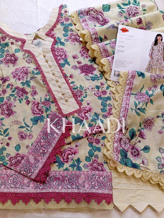 K06 Khaadi Premium Lawn Stitched Suit with Dupatta – Elegant Summer Collection