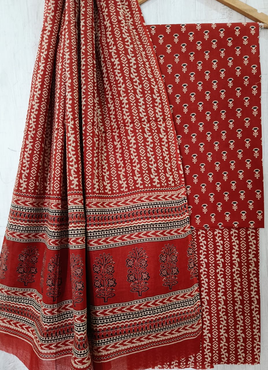 J10 Premium Jaipuri Cotton Unstitched Suit Set with Mulmul Dupatta
