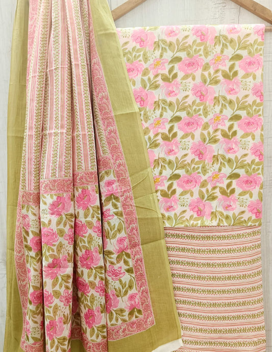 J19 Premium Jaipuri Cotton Unstitched Suit Set with Mulmul Dupatta