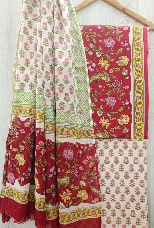 J20 Premium Jaipuri Cotton Unstitched Suit Set with Mulmul Dupatta