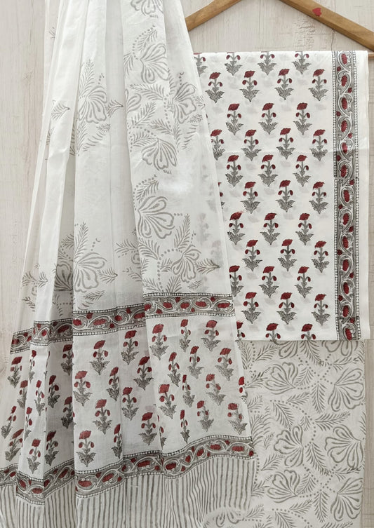 J22 Premium Jaipuri Cotton Unstitched Suit Set with Mulmul Dupatta