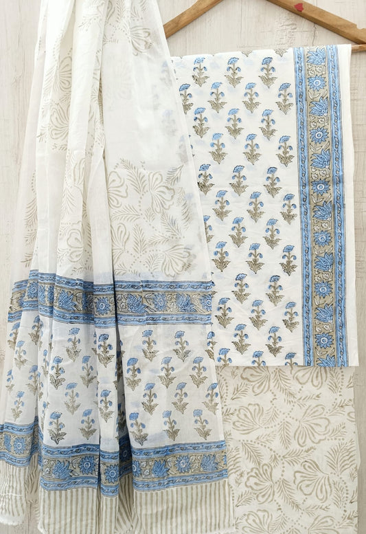 J27 Premium Jaipuri Cotton Unstitched Suit Set with Mulmul Dupatta