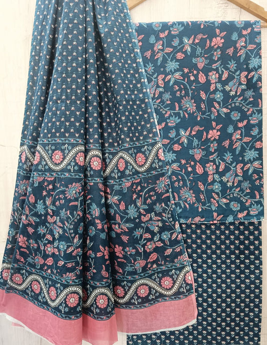 J25 Premium Jaipuri Cotton Unstitched Suit Set with Mulmul Dupatta