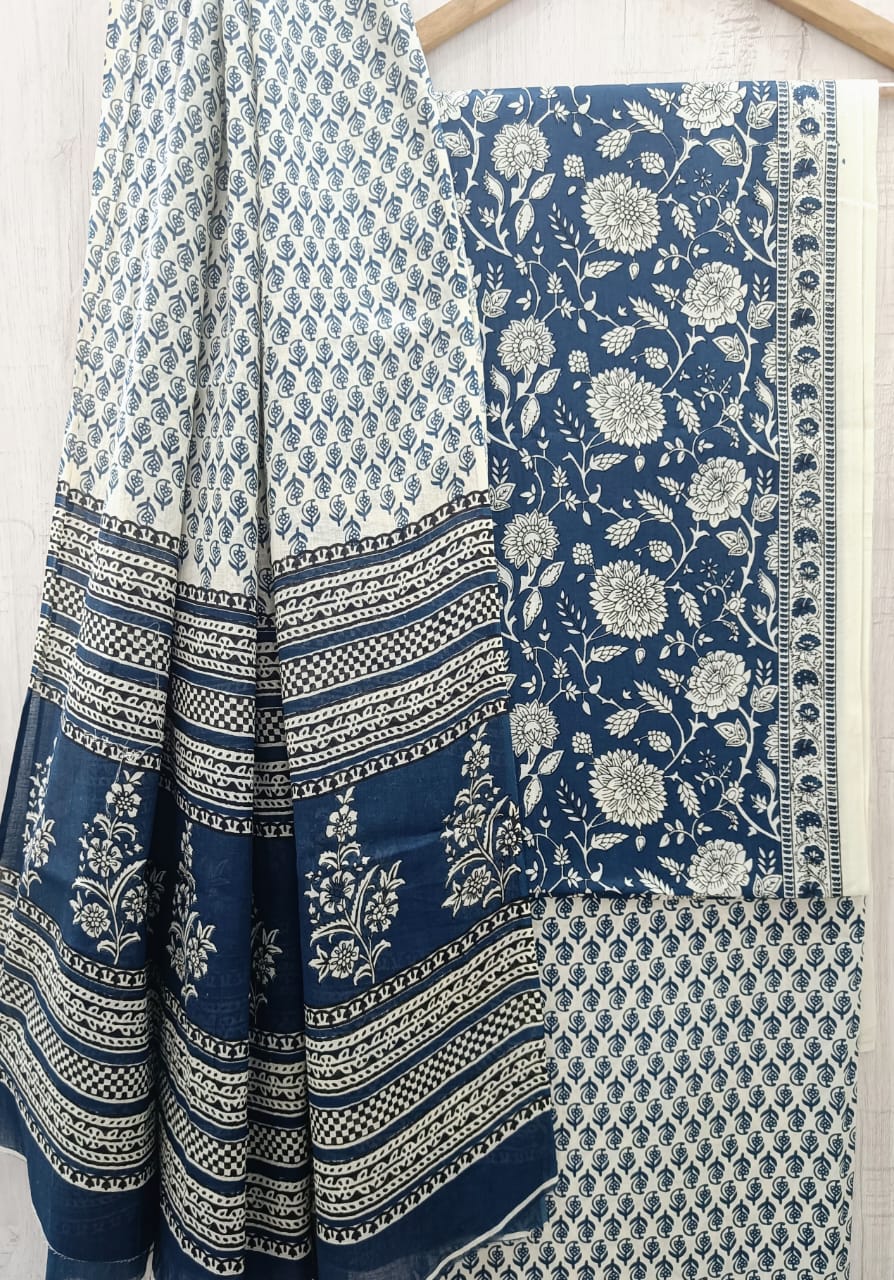 J08 Premium Jaipuri Cotton Unstitched Suit Set with Mulmul Dupatta