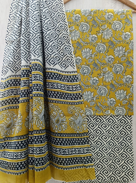 J02 Premium Jaipuri Cotton Unstitched Suit Set with Mulmul Dupatta