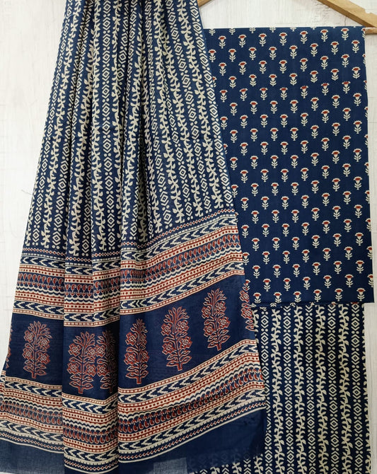 J07 Premium Jaipuri Cotton Unstitched Suit Set with Mulmul Dupatta